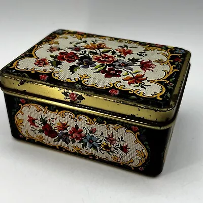 Small Vtg Black Floral Collectible Tin Hinged Lid Holland • $12.99