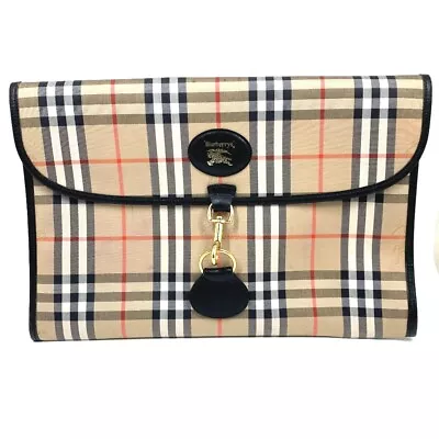 BURBERRY Check Document Pouch Clutch Bag Canvas/Leather Beige • $437.80