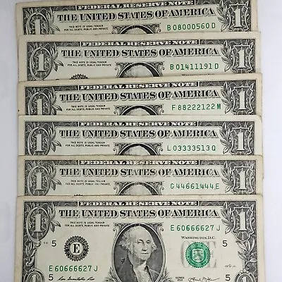 5 Of A Kind Fancy Serial Number One Dollar Bills All 2013 Series Lot Of 6 • $19.95