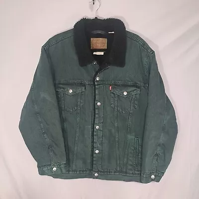 Levis Premium Jacket Mens Size XL Green Denim Relaxed Fit Sherpa Lined Trucker • $59.99