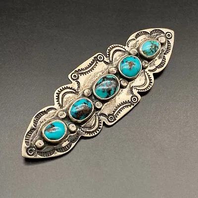 Vintage Navajo Native Turquoise Hand Stamped Silver Pin Brooch • $1385