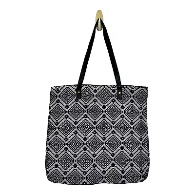 Mossimo Fabric Tote Bag Black White Faux Leather Strap Snap Geometric TINY FLAW • $18.95