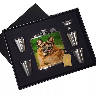 $28 • Buy German Shepherd Cute Puppy Leather Flask Black Box Gift Set