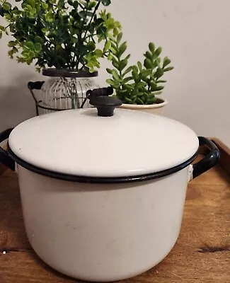 Vintage Vollrath Ware White Enamel With Black Trim Stock Pot  With Lid 7 Cup • $20.67