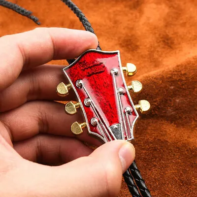 Red Guitar Head Mens Bolo Tie Wedding Necklace 40  PU Rope Western Cowboy • $20.99