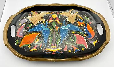 Vintage Mexican Folk Art-Tole Tray Bowl Wood Hand Painted Birds Floral • $32.50