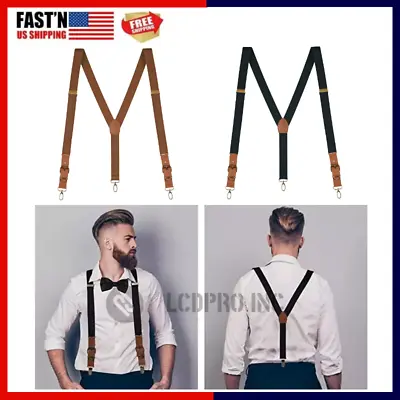 Men's Suspenders Y Back Adjustable Leather Elastic Y-Shaped Hooks Pants Braces • $10
