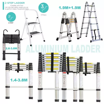 1.4-3.8M Multi-Purpose Aluminium Telescopic Folding Ladder Extendable 2 3 Step • £43.97