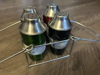 MCM Set Of 4 VTG Mini Colored Aluminum Cocktail Shakers And Caddy • $35