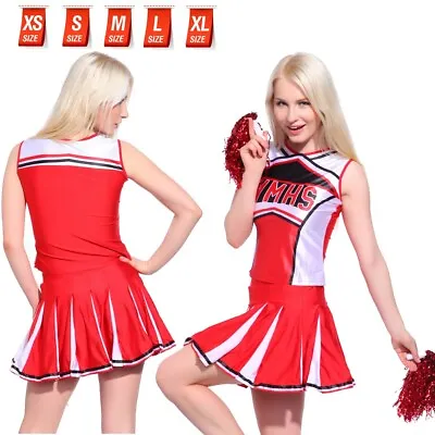 XS - XL RED & WHITE CHEERLEADER OUTFIT Glee Style Cheerios Fancy Dress Costume • £12.21