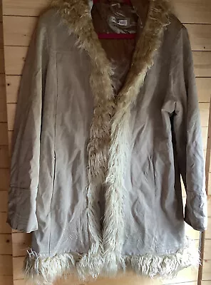 £25 • Buy Beige Suede Afghan Coat Embroidered Faux Fur Trim New Look Size 18 Hood Pockets