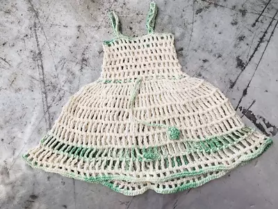 Vintage Crochet Doll Dress 8  Green Ivory Color • $8.95