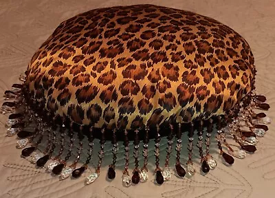 Vintage Luxe ADI Classic Fringe Of Shiny Beads Leopard Round Pillow Black Back  • $15