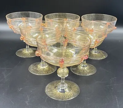 6 Antique Salviati Venetian Gold Avventurina Cranberry Lace Murano Glasses • $400