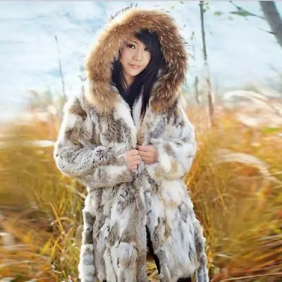 Women's Fur Collar Hooded Overcoat WinterSoft Rabbit Fur Coat Jacket Multi-color • $67.96