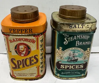 Vintage Tin Radfords Spices & Steamship Brand Salt And Pepper Shakers • $12.99