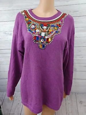 Vtg Victoria Harbour Purple Beaded Gold Sweater Embellished Size M • $13.49