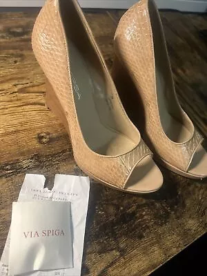 Sz. 7 M Via Spiga Women's Leather Textured Platform Heel Wedge Shoes Cappuccino • $18.99