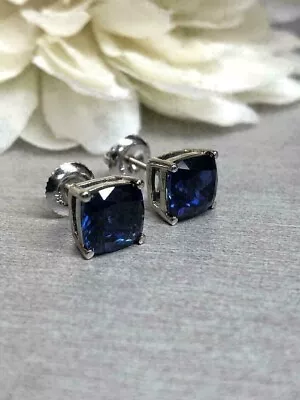 4Ct Cushion Cut Blue Sapphire Diamond Halo Stud Earrings 14K White Gold Finish • $178.15