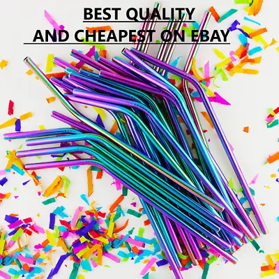 £5.99 • Buy RAINBOW Metal Drinking Straws Steel Drinks Party Straw Cleaner Reusable Bar,...