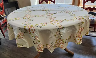 Vintage Beige W/ Red & Blue Colorful Flowers 60’s 70’s Round Tablecloth 70” • $20