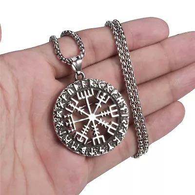 Mens Stainless Steel Viking Valknut Pirate Hollow Compass Pendant Necklace • $10.97