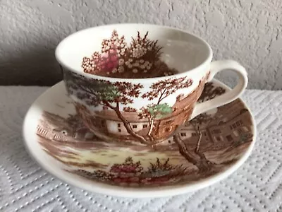 Vintage English Village Brown Transferware Tea Cup & Saucer Set Japan • $9.99