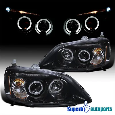 Fits 2001-2003 Honda Civic Halo Projector Headlight LED Bar Glossy Black Smoke • $126.98