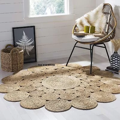 Rug 100% Natural Jute Circle Braided Area Rug Farmhouse Rustic Look Floor Carpet • £18.17