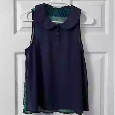 Katie K Navy & Geometric Print Blouse Peter Pan Ruffle Collar Size Small • $20