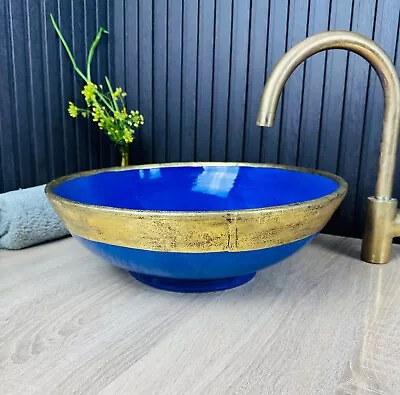 Moroccan Blue Bathroom Vessel Sink With Brass Rim Handcrafted Artisan Sink • $220