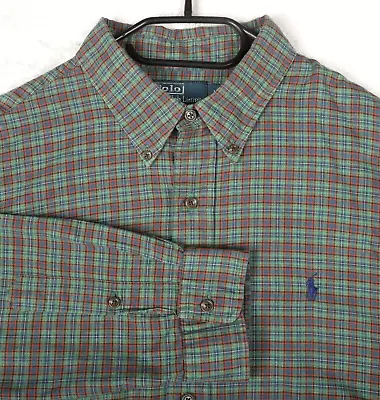 RALPH LAUREN Shirt Mens EXTRA LARGE Green Tartan Custom Fit Long Sleeve Button • £17.95