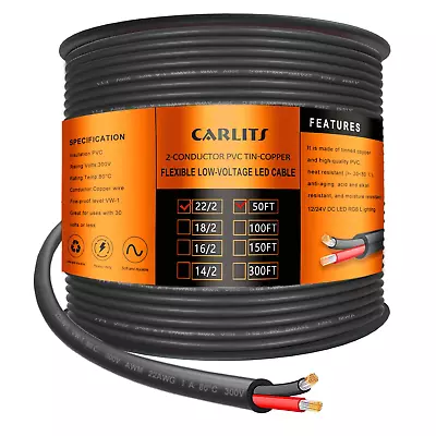 22 Gauge 2 Conductor Electrical Wire 50FT Black Stranded Low Voltage 22/2 Cable • $19.07