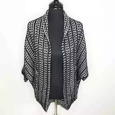 Anthropologie Moth Black White Open Front Wool Blend Cocoon Cardigan Size Small • $30