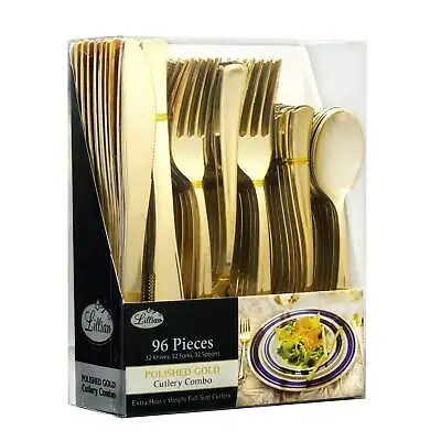 $24.99 • Buy Cutlery Silverware Extra Heavyweight Plastic Disposable Flatware Combo Gold 96Ct