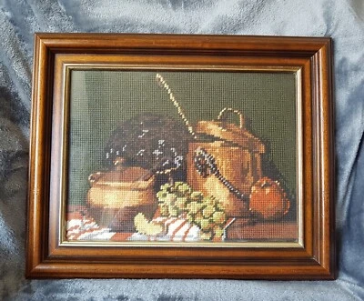 Vintage Cottagecore Fruit & Pots Tapestry Cross Stitch Finished Piece Framed  • £16