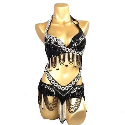 Women Sequins Belly Dance Costume Set Oriental Belt+Bra Samba Bellydance Wear • £135.35