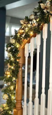 Garland Banister Gold Silver Green Pine 9ft Pre Lit Clear Lights • $85