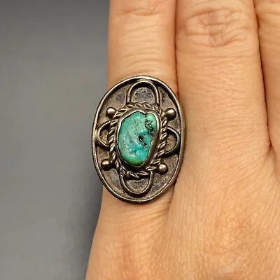 Vintage Southwestern Turquoise Silver Ring Size 4.5 • $75