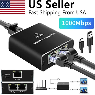 1000Mbps Ethernet Splitter Adapter RJ45 Cable LAN Network Internet 1 IN 2 Out US • $11.41