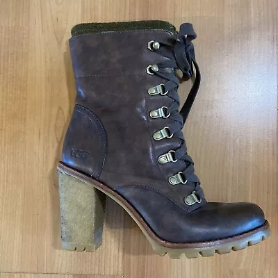 UGG  Fabrice Brown Leather Lace Up Heeled Ankle Boots Womens- Size 6 • $25.47