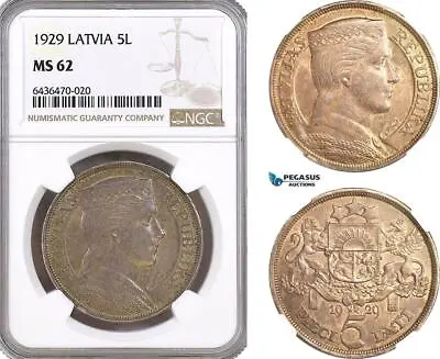 AH326 Latvia 5 Lati 1929 Silver NGC MS62 • $179