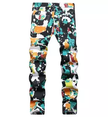 Mens Straight Leg Casual Colorful Printed Pants Stretch Denim Jeans Punk Hip Hop • $32.16