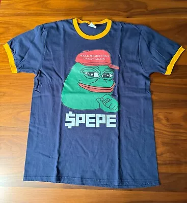 VINTAGE PEPE COIN CRYPTO Navy/Gold T-SHIRT PRE-OWNED SIZE LARGE UPC00030 • $0.99
