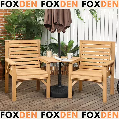 Garden Wooden Love Seat Rustic Companion Bench Set 2 Chairs Outdoor Patio Table • £134.97