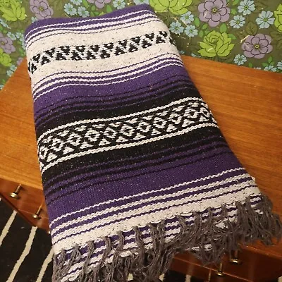 £21.99 • Buy Purple Grey Mexican Woven Stripy Falsa Yoga Beach/Picnic Blanket / Throw