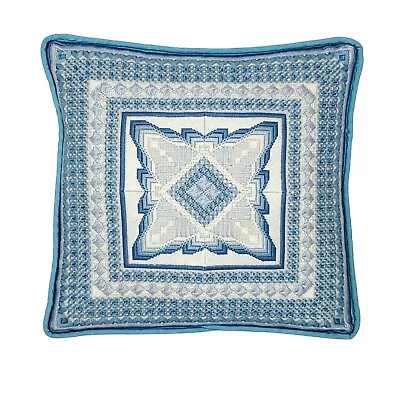 Vtg Hand Stitched Geometric Cross Stitched Throw Pillow Blue 11 1/2  • $25.46