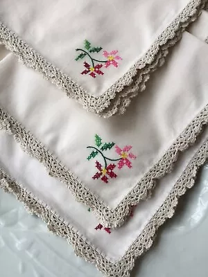 Vintage Dinner Napkins Eight Hand Crochet And Embroidery Pure Cotton Ecru • $16.03