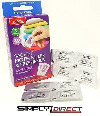 Pack Of 20 Acana MOTH KILLER & FRESHENER Sachets With Lavender Fragrance 2674-1 • £9.50