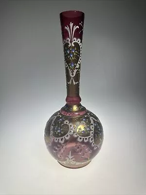 MOSER Cranberry Victorian Vase W/Gold Overlay Enamel Vintage • $89.99